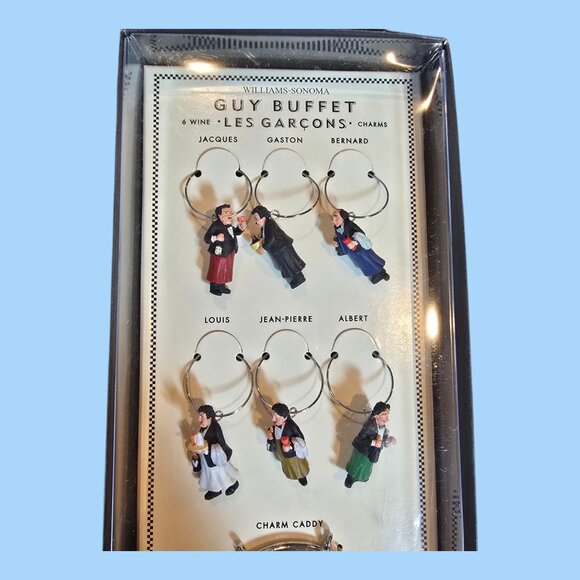 NEW! Williams Sonoma Guy Buffet Les Garçons Wine Charms Set Of 6 w/ Charm Caddy - Picture 2 of 5
